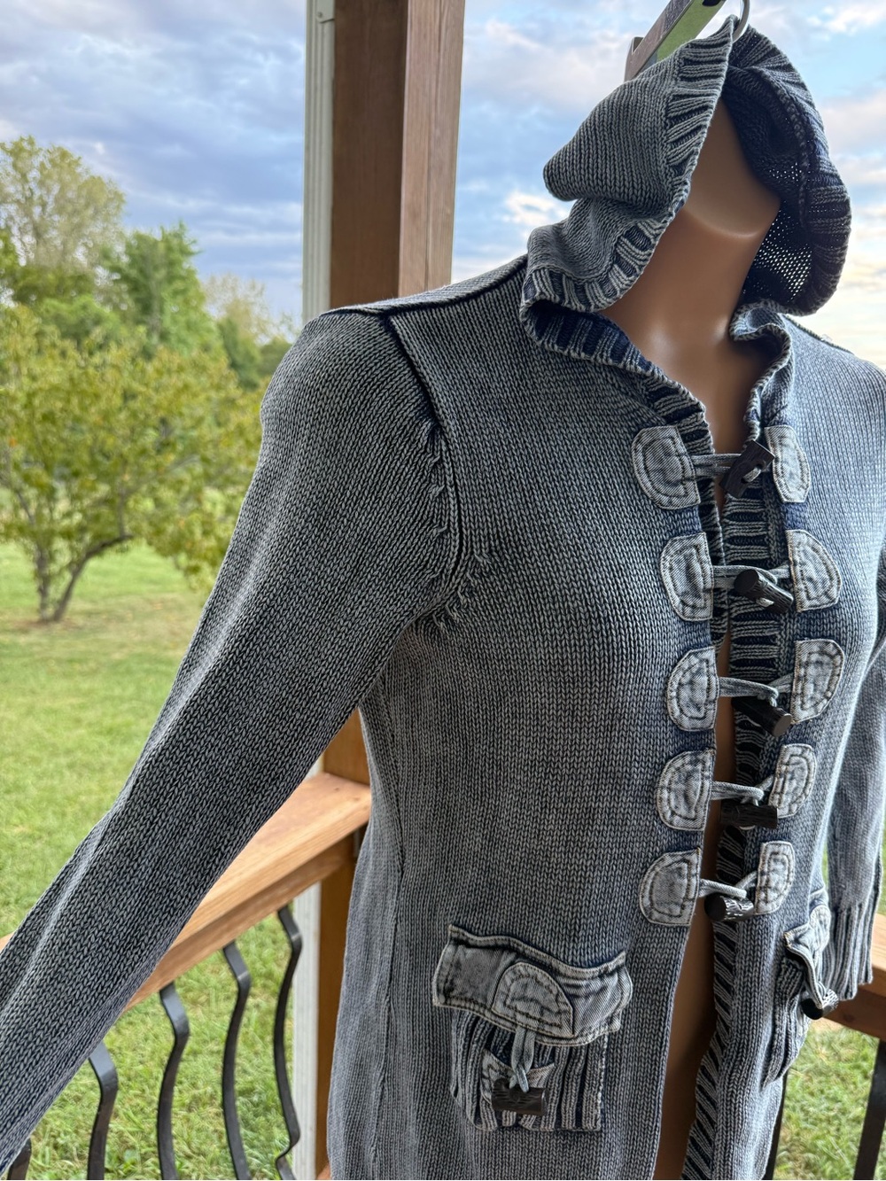 Long Denim Blue Sweater Cardigan Jacket women’s medium pbj blues toggle buttons